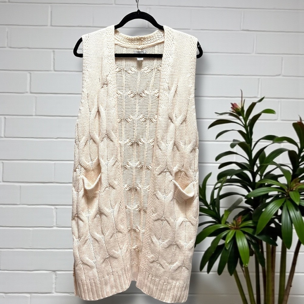Demdaco Womens Cream Cable Knit‎ Longline Open Front Vest with Pockets